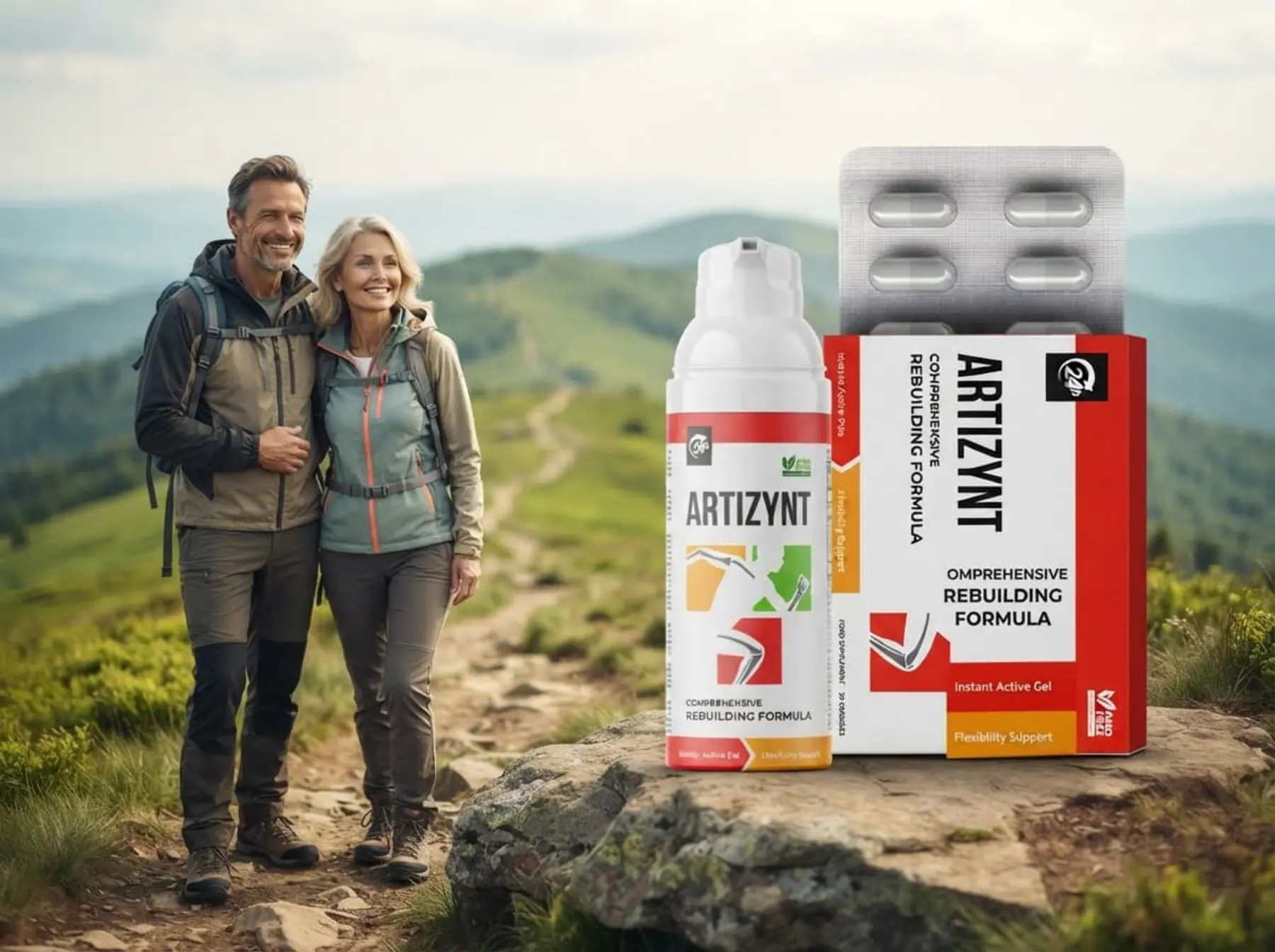 Couple hiking in the hills with ArtiZynt capsules and gel
