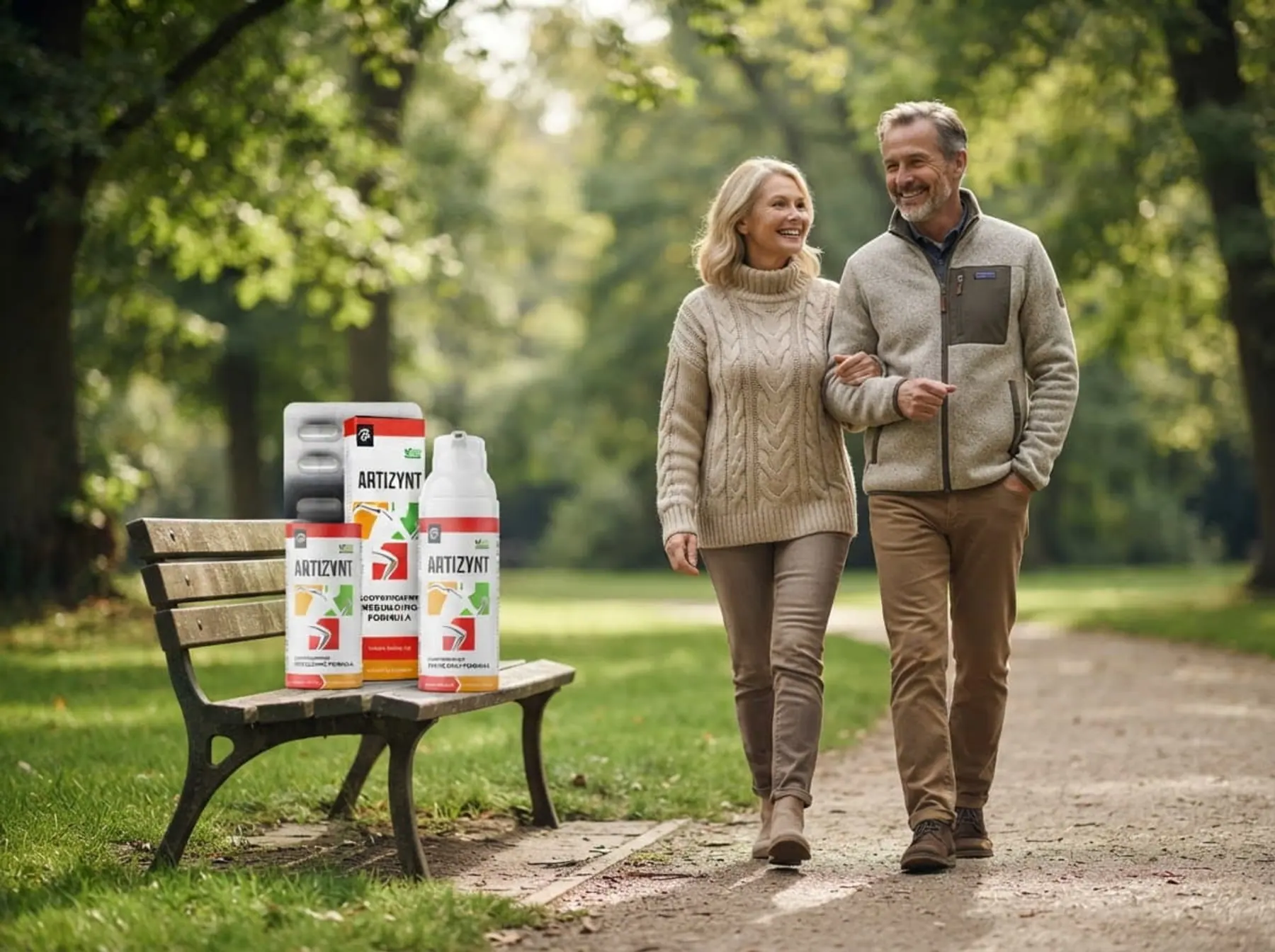 Couple on an autumn walk in the park with ArtiZynt capsules and gel on the bench