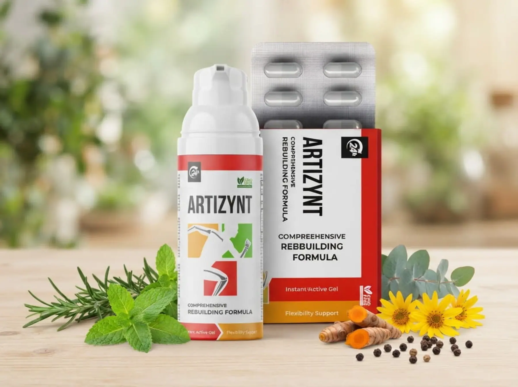 ArtiZynt capsules and gel with the plants behind the formulas — turmeric, arnica, mint and rosemary